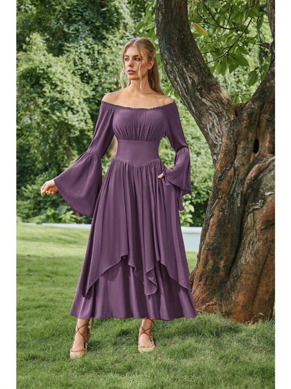 Women's Purple Renaissance Maxi Dress Off Shoulder Bell Long Sleeve Halloween - Picture 6 of 7